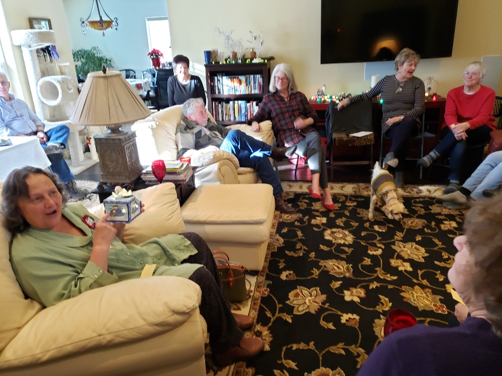 LWV Klamath holiday luncheon, including a friendly dog